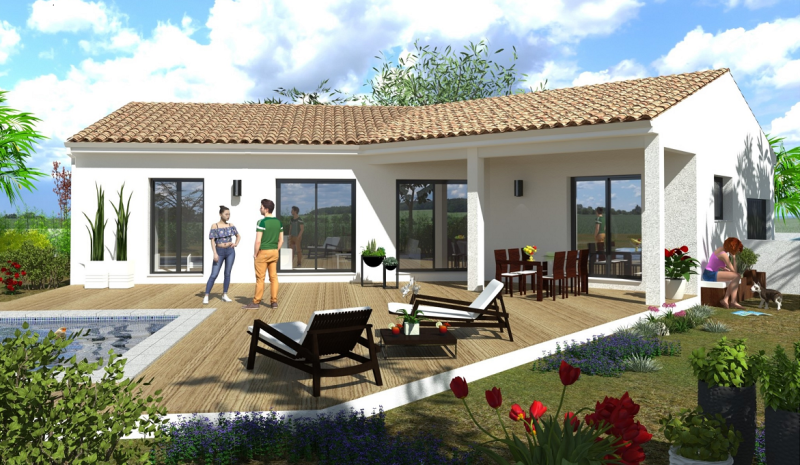 Maison plain-pied en V avec 3 chambres dont une suite parentale, belle pièce à vivre avec terrasse couverte dans l'Hérault