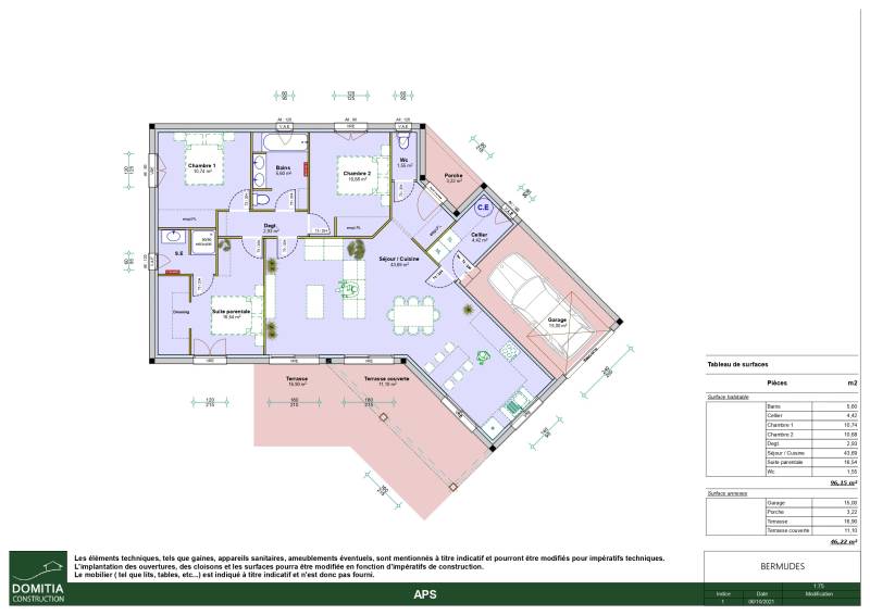 Maison plain-pied en V avec 3 chambres dont une suite parentale, garage et terrasse couverte