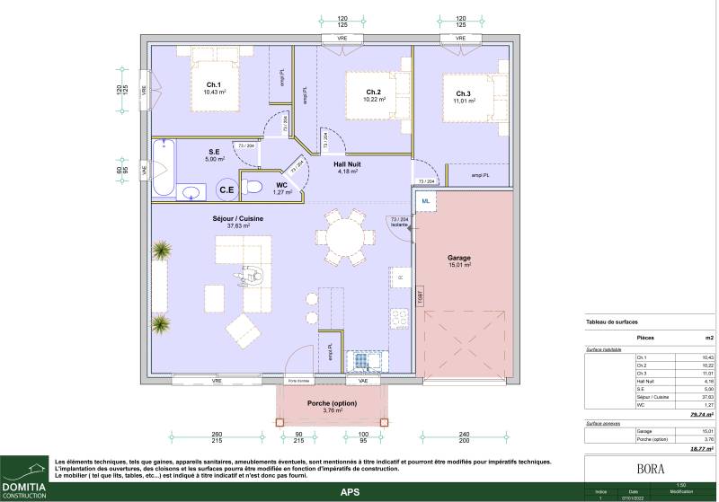 BESSAN : Maison plain-pied avec 3 chambres, garage intégré et toiture 4 pentes sur terrain de 355 m² proche Agde, Pézenas, Béziers et A75