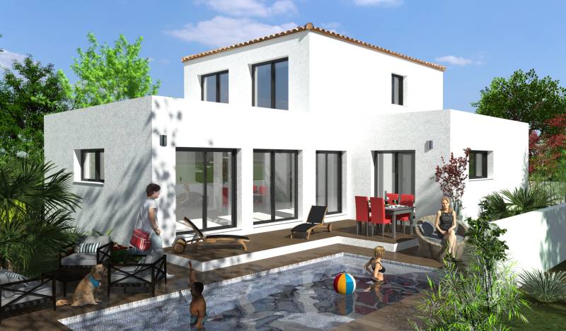 Villa avec toiture terrasse et toiture tuile, vide sur séjour, cellier et grand garage à PORTIRAGNES