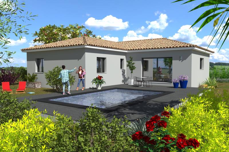 Maison plain-pied lumineuse en L 100 m² avec 3 chambres, garage et cellier sur terrain de 441 m² à CAZEDARNES à proximité de Béziers et de Narbonne