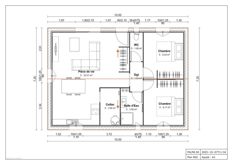Maison plain-pied 2 chambres, lumineuse avec son séjour traversant et pratique avec son cellier collé à la cuisine