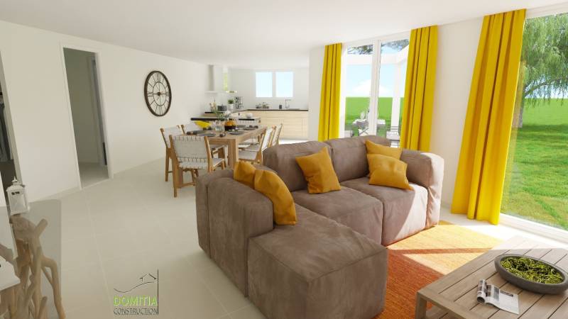 Maison plain-pied en V avec 3 chambres dont une suite parentale, garage et terrasse couverte