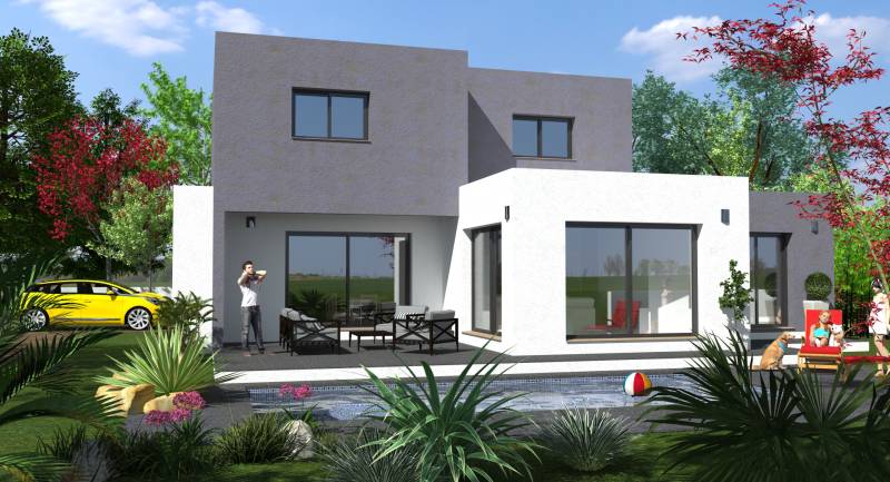 Maison contemporaine à toiture terrasse, design avec ses formes cubiques, grand garage dans l'Hérault