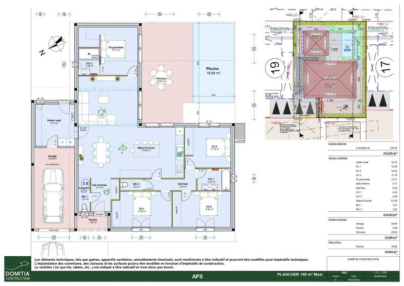 Maison plain-pied en L, contemporaine avec sa toiture 4 pans et sa toiture terrasse, ses 4 chambres dont une suite parentale, son cellier et son grand garage