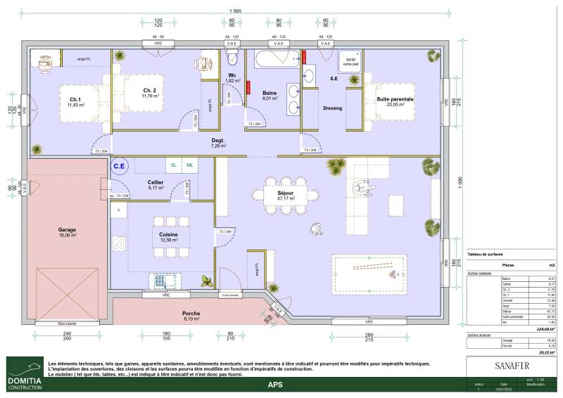 Maison plain-pied avec suite parentale, cuisine fermée, cellier, toiture 4 pans et porche d’entrée