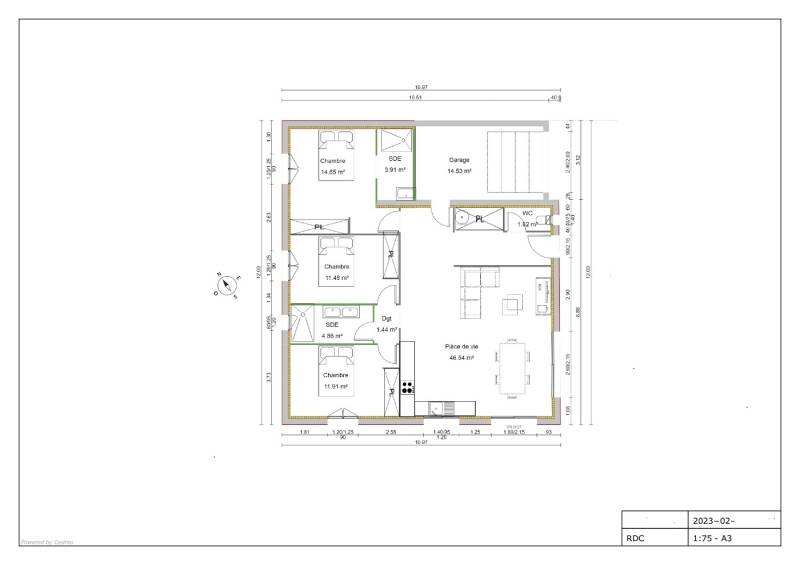 Maison plain-pied contemporaine de 96 m² habitable + garage, avec 3 chambres dont une suite parentale