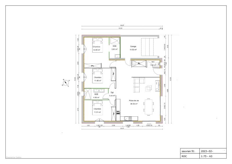 Maison plain-pied contemporaine avec 3 chambres dont une suite parentale et garage sur terrain de 351 m² à MARSEILLAN, proche Agde, Sète, Béziers et Montpellier