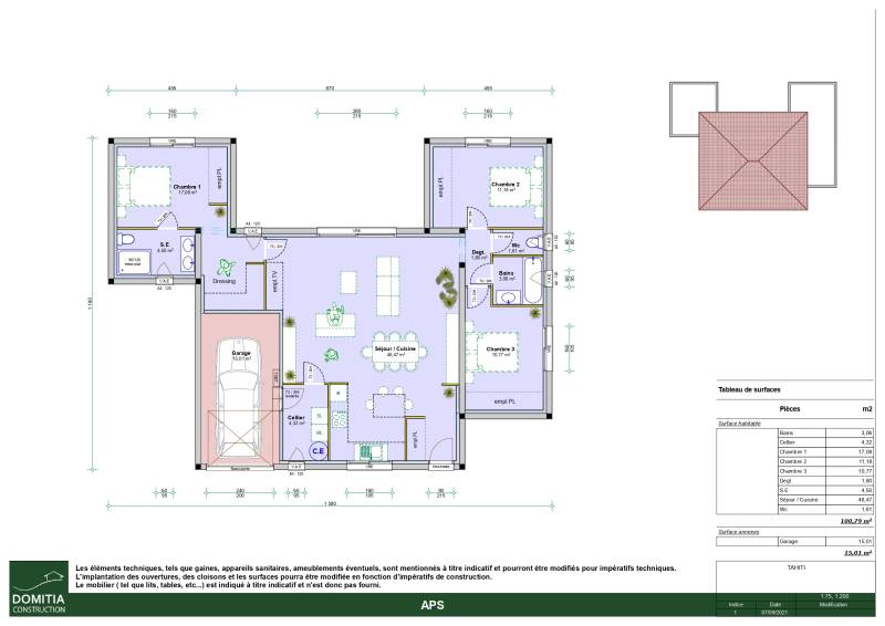 Maison contemporaine plain-pied en U de 100 m² avec 3 chambres dont une suite parentale