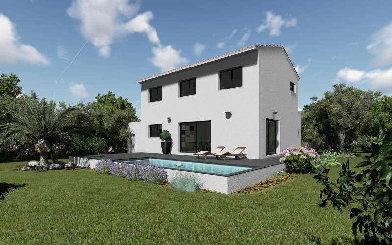 Nézignan l'Evêque : Villa contemporaine à étage avec 4 chambres, une grande pièce à vivre, un cellier et un grand garage sur beau terrain de 613 m² proche Pézenas et axe A75